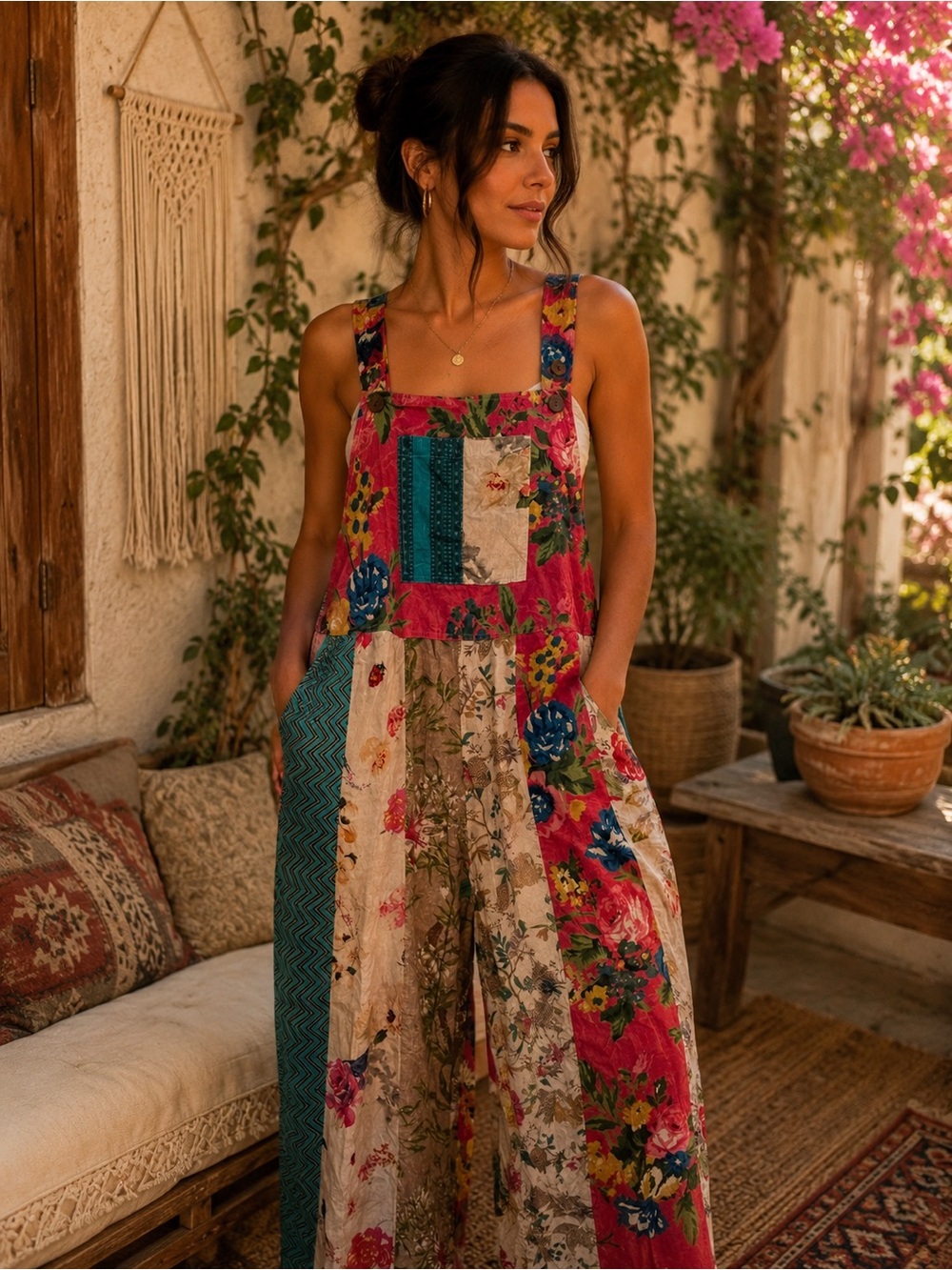 Jaded Gypsy Patchwork Floral Overalls Jumpsuit